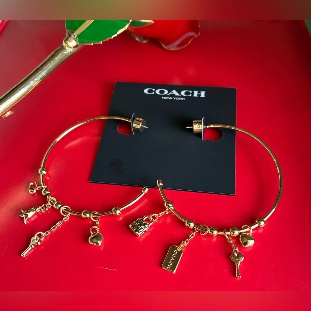 COACH Earrings,Coach Gold Hoop Earrings with Charms